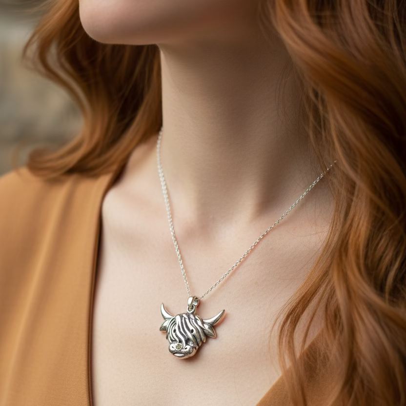 Kinross Scottish Highland Cow Necklace in Sterling Silver | Pendant | Wiccan Center