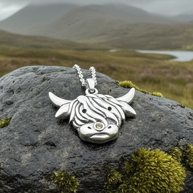 Kinross Scottish Highland Cow Necklace in Sterling Silver | Pendant | Wiccan Center