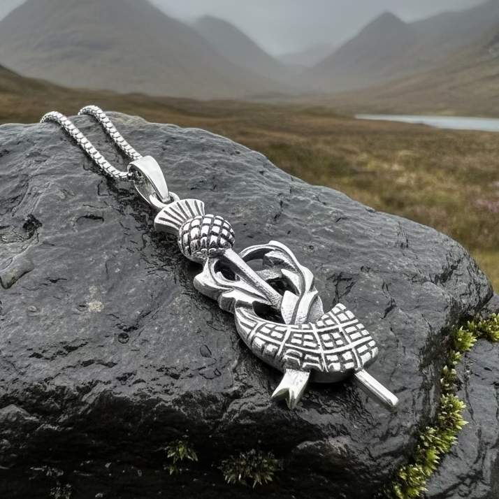 Locklyn Tartan Scottish Thistle Necklace in Sterling Silver | Pendant | Wiccan Center