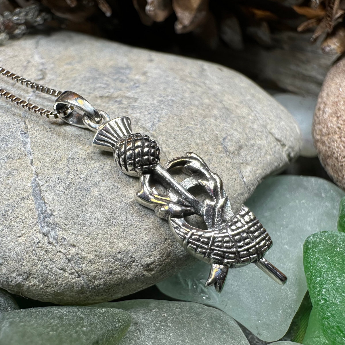 Locklyn Tartan Scottish Thistle Necklace in Sterling Silver | Pendant | Wiccan Center