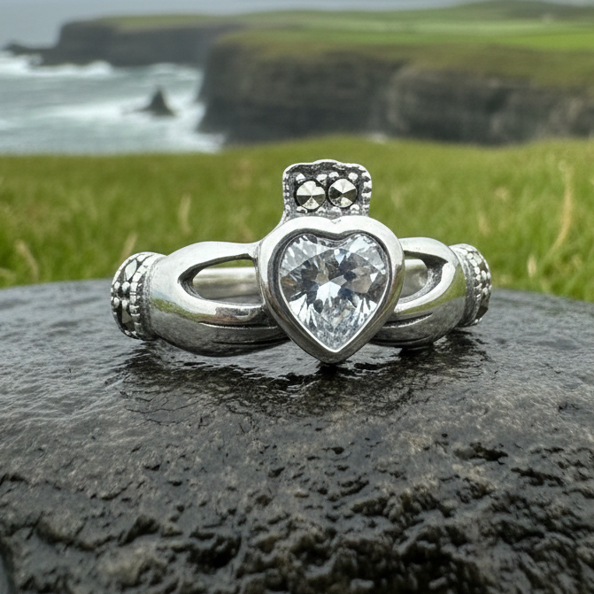 Ree Marcasite Irish Claddagh Ring in Sterling Silver