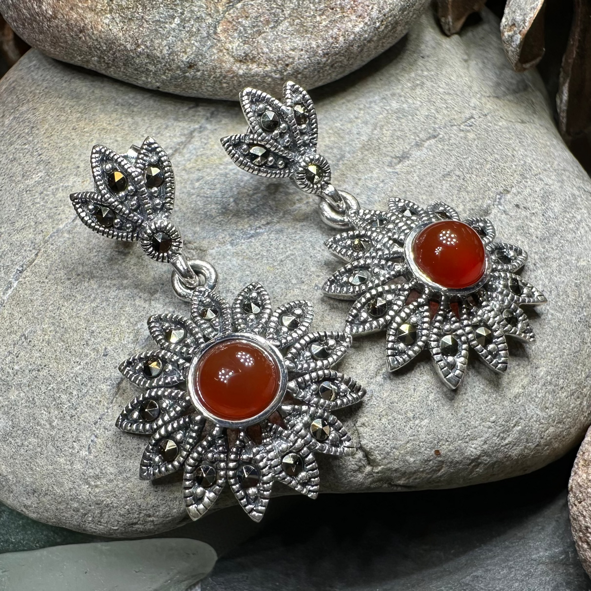 Serene Marcasite Flower Earrings | Dangle Earrings | Wiccan Center