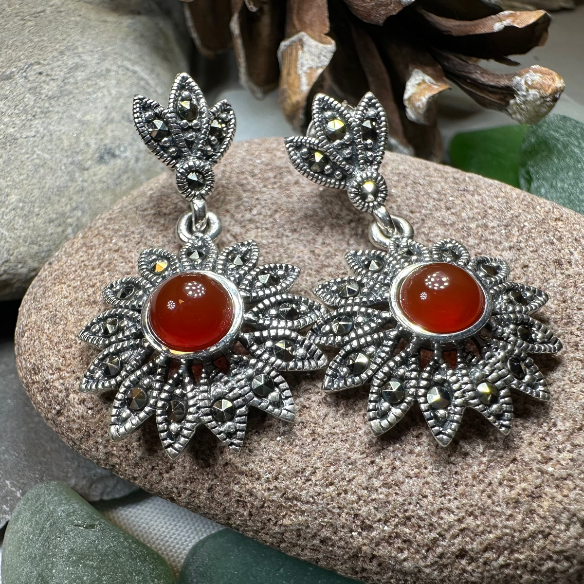 Serene Marcasite Flower Earrings | Dangle Earrings | Wiccan Center