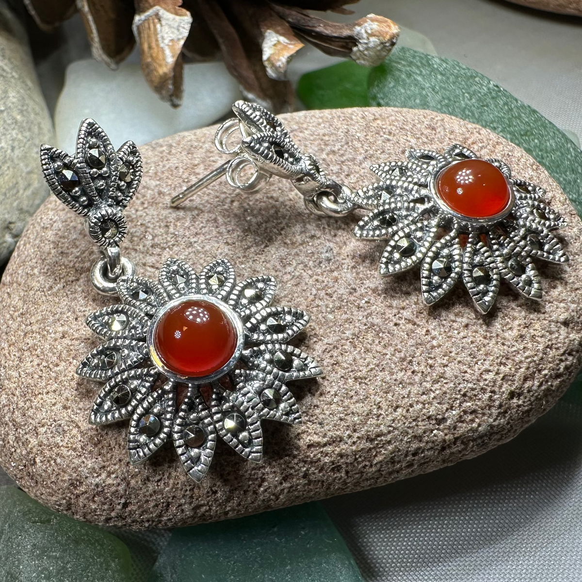 Serene Marcasite Flower Earrings | Dangle Earrings | Wiccan Center