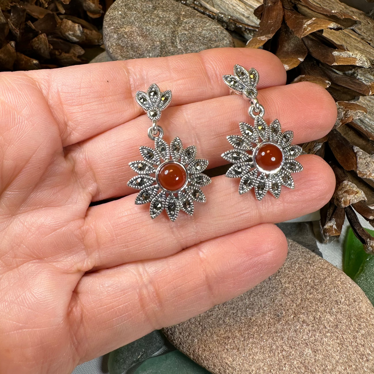 Serene Marcasite Flower Earrings | Dangle Earrings | Wiccan Center