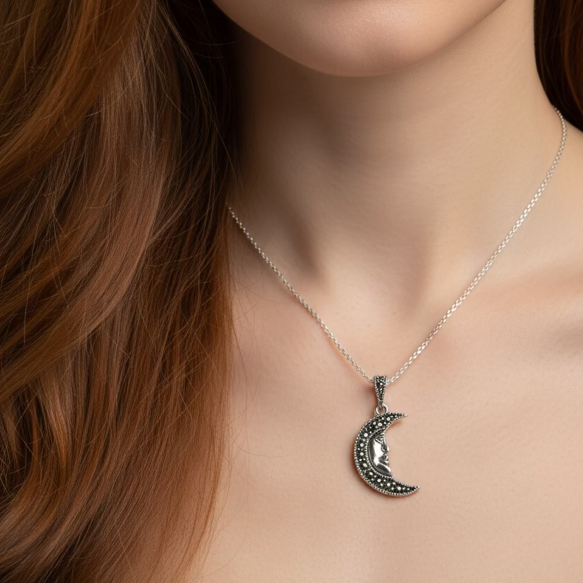 Marcasite Moon Dreamer Necklace in Sterling Silver | Pendant | Wiccan Center