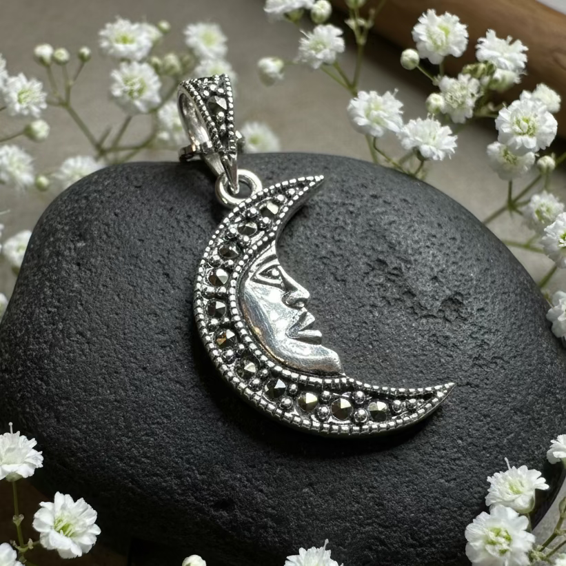 Marcasite Moon Dreamer Necklace in Sterling Silver | Pendant | Wiccan Center