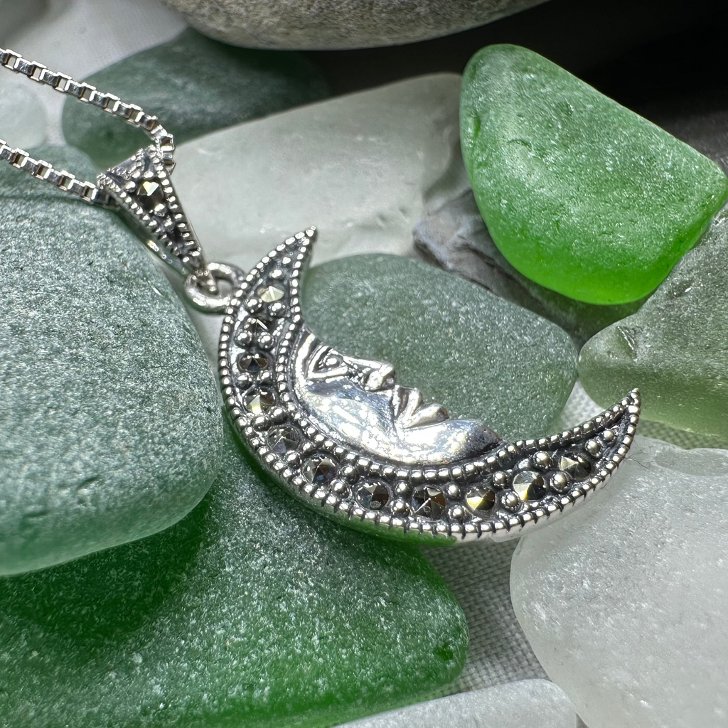 Marcasite Moon Dreamer Necklace in Sterling Silver | Pendant | Wiccan Center