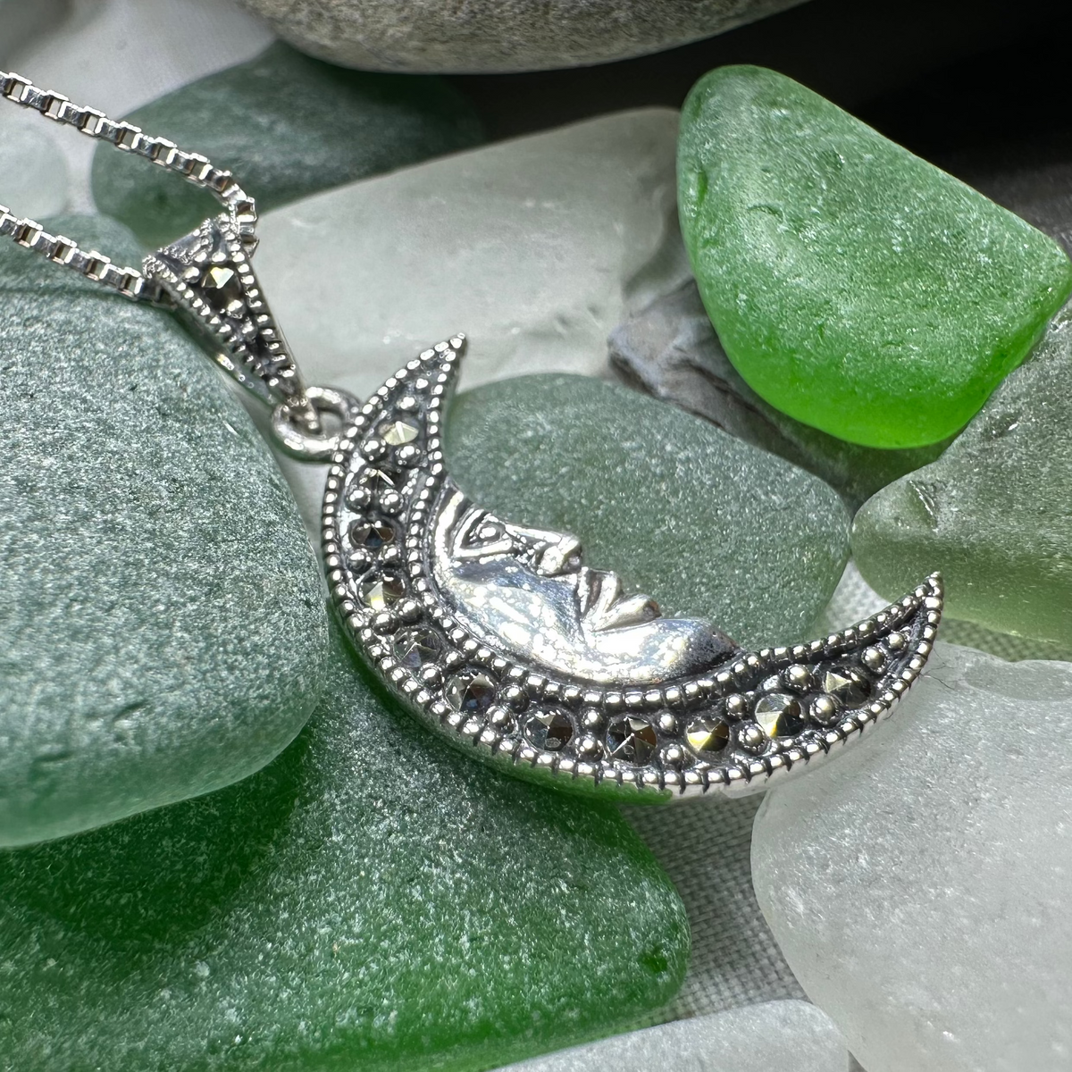 Marcasite Moon Dreamer Necklace in Sterling Silver | Pendant | Wiccan Center