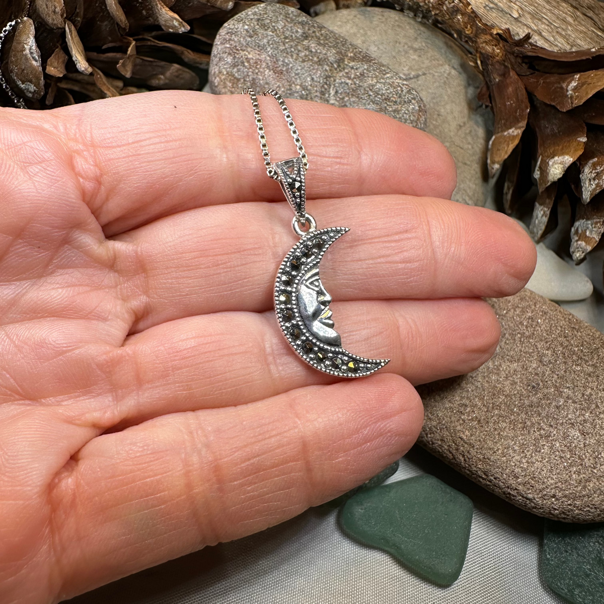 Marcasite Moon Dreamer Necklace in Sterling Silver | Pendant | Wiccan Center