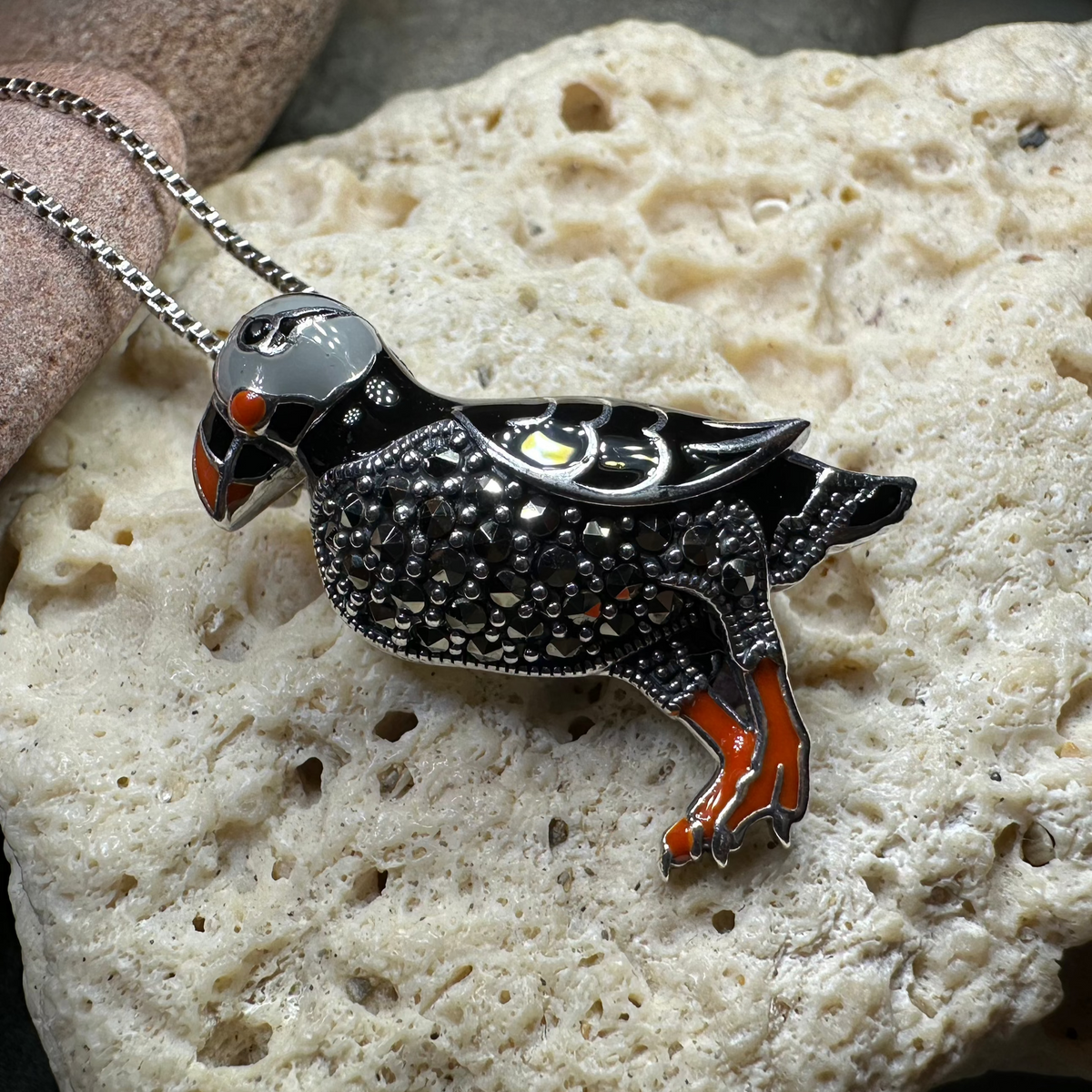 Coastal Puffin Marcasite Brooch in Sterling Silver | Brooch | Wiccan Center