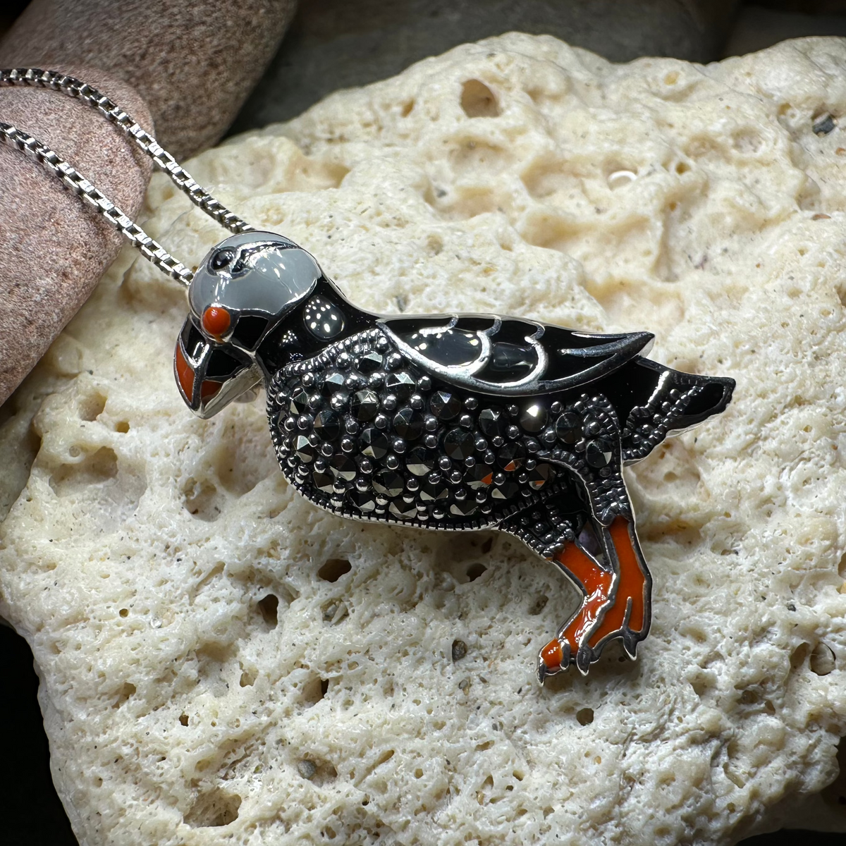 Coastal Puffin Marcasite Brooch in Sterling Silver | Brooch | Wiccan Center