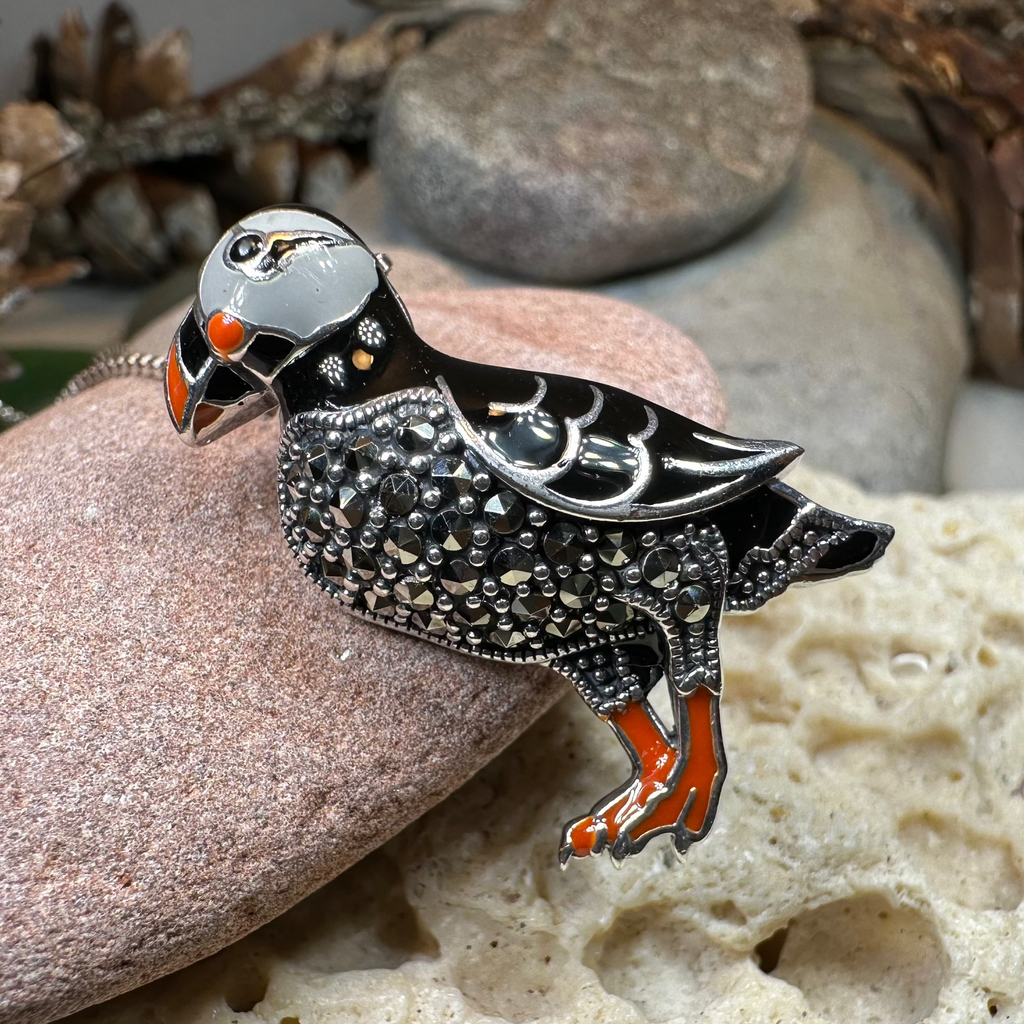 Coastal Puffin Marcasite Brooch in Sterling Silver | Brooch | Wiccan Center