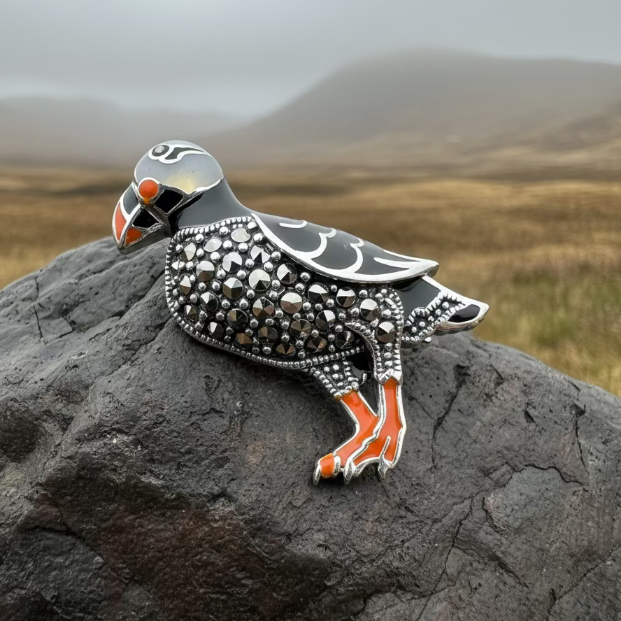 Coastal Puffin Marcasite Brooch in Sterling Silver | Brooch | Wiccan Center