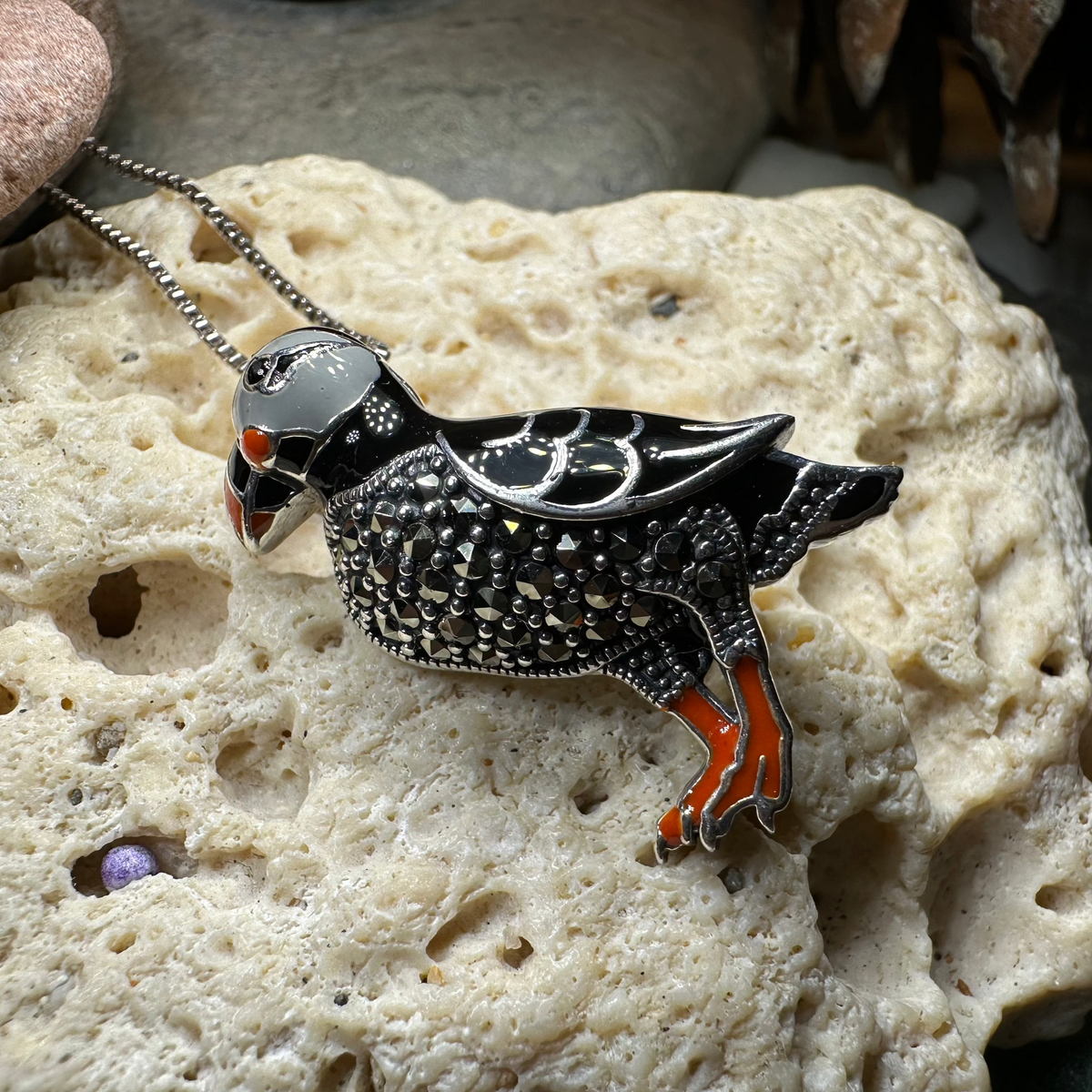 Coastal Puffin Marcasite Brooch in Sterling Silver | Brooch | Wiccan Center