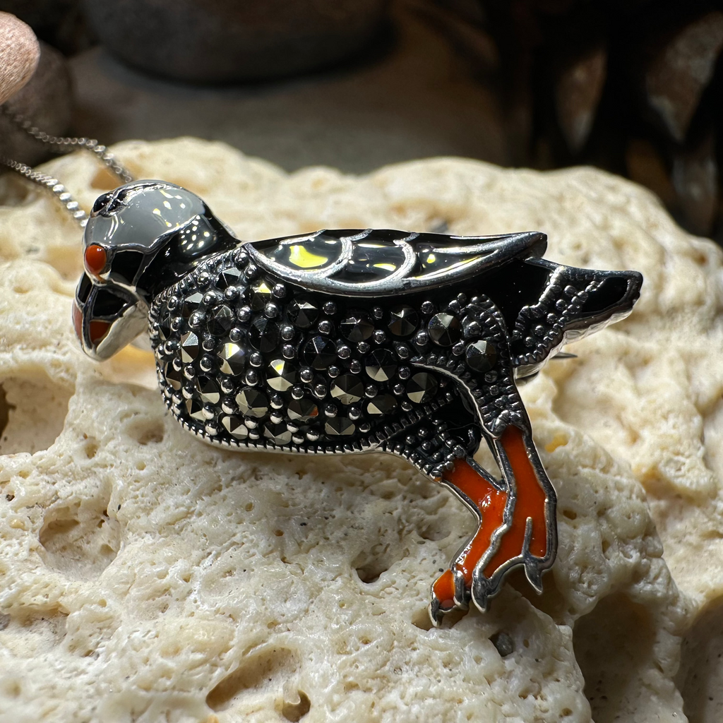 Coastal Puffin Marcasite Brooch in Sterling Silver | Brooch | Wiccan Center