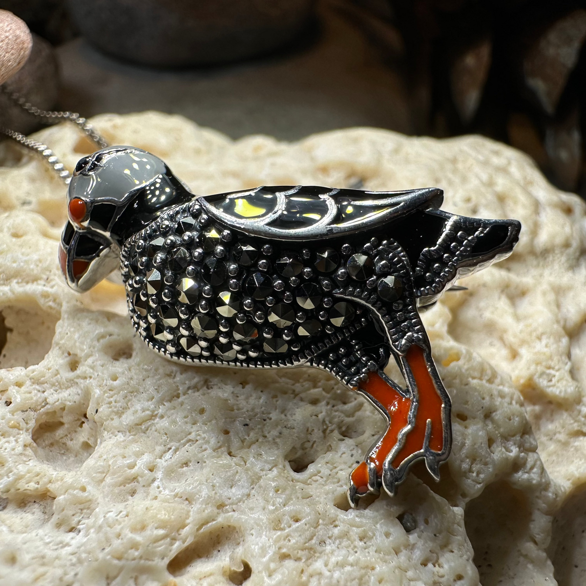 Coastal Puffin Marcasite Brooch in Sterling Silver | Brooch | Wiccan Center