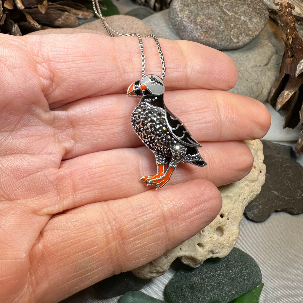 Coastal Puffin Marcasite Brooch in Sterling Silver | Brooch | Wiccan Center
