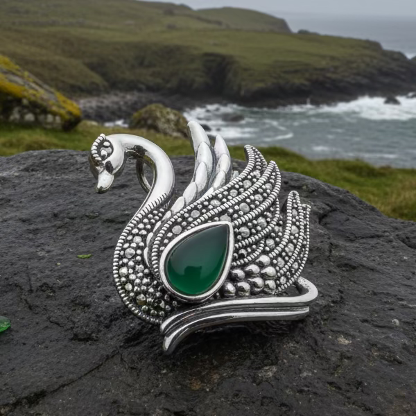 Eala Marcasite Swan Brooch in Sterling Silver | Brooch | Wiccan Center
