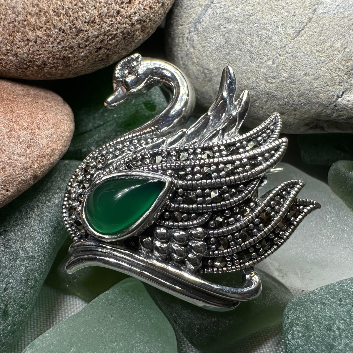 Eala Marcasite Swan Brooch in Sterling Silver | Brooch | Wiccan Center
