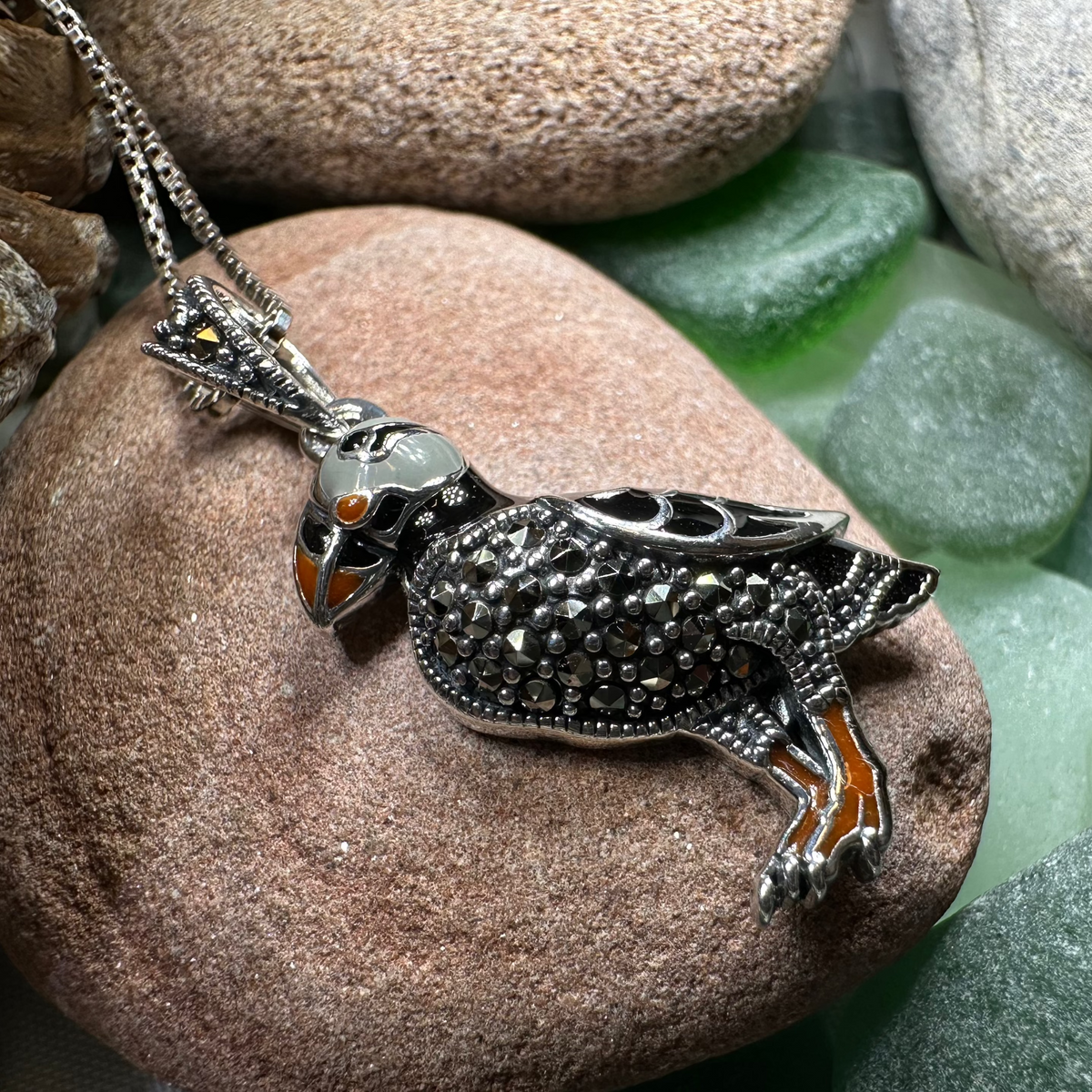 Coastal Puffin Marcasite Necklace in Sterling Silver | Pendant | Wiccan Center