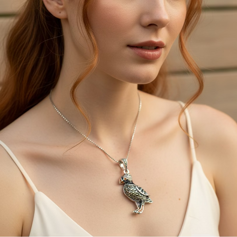 Coastal Puffin Marcasite Necklace in Sterling Silver | Pendant | Wiccan Center