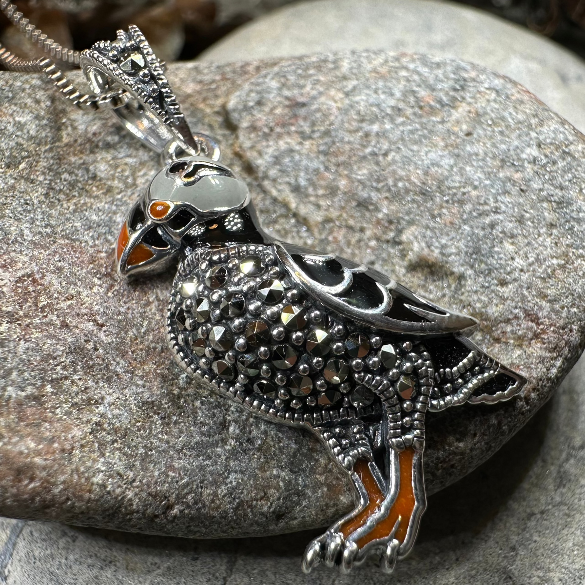 Coastal Puffin Marcasite Necklace in Sterling Silver | Pendant | Wiccan Center