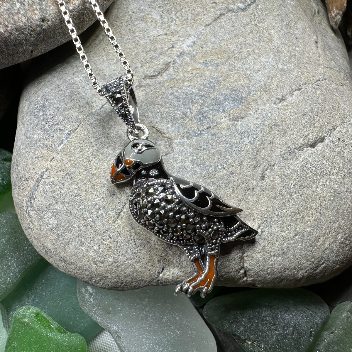 Coastal Puffin Marcasite Necklace in Sterling Silver | Pendant | Wiccan Center