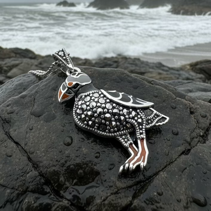 Coastal Puffin Marcasite Necklace in Sterling Silver | Pendant | Wiccan Center