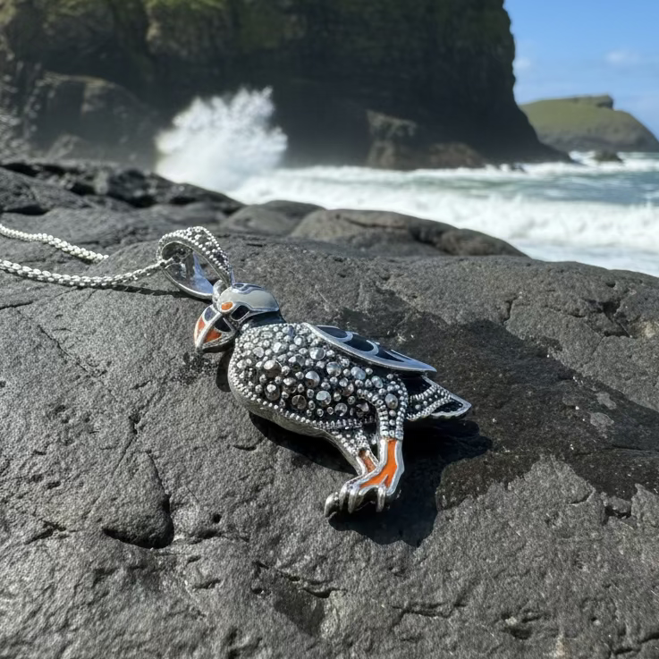 Coastal Puffin Marcasite Necklace in Sterling Silver | Pendant | Wiccan Center