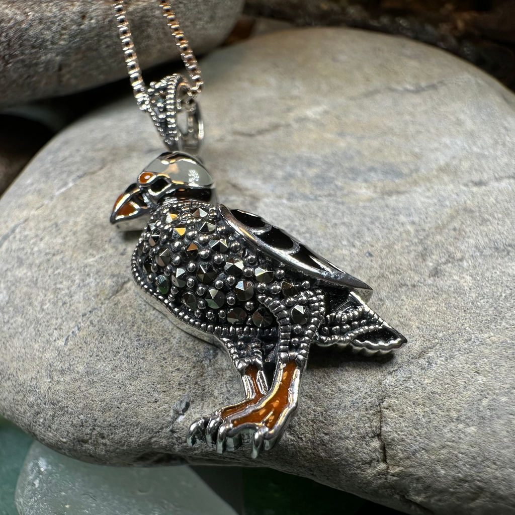 Coastal Puffin Marcasite Necklace in Sterling Silver | Pendant | Wiccan Center