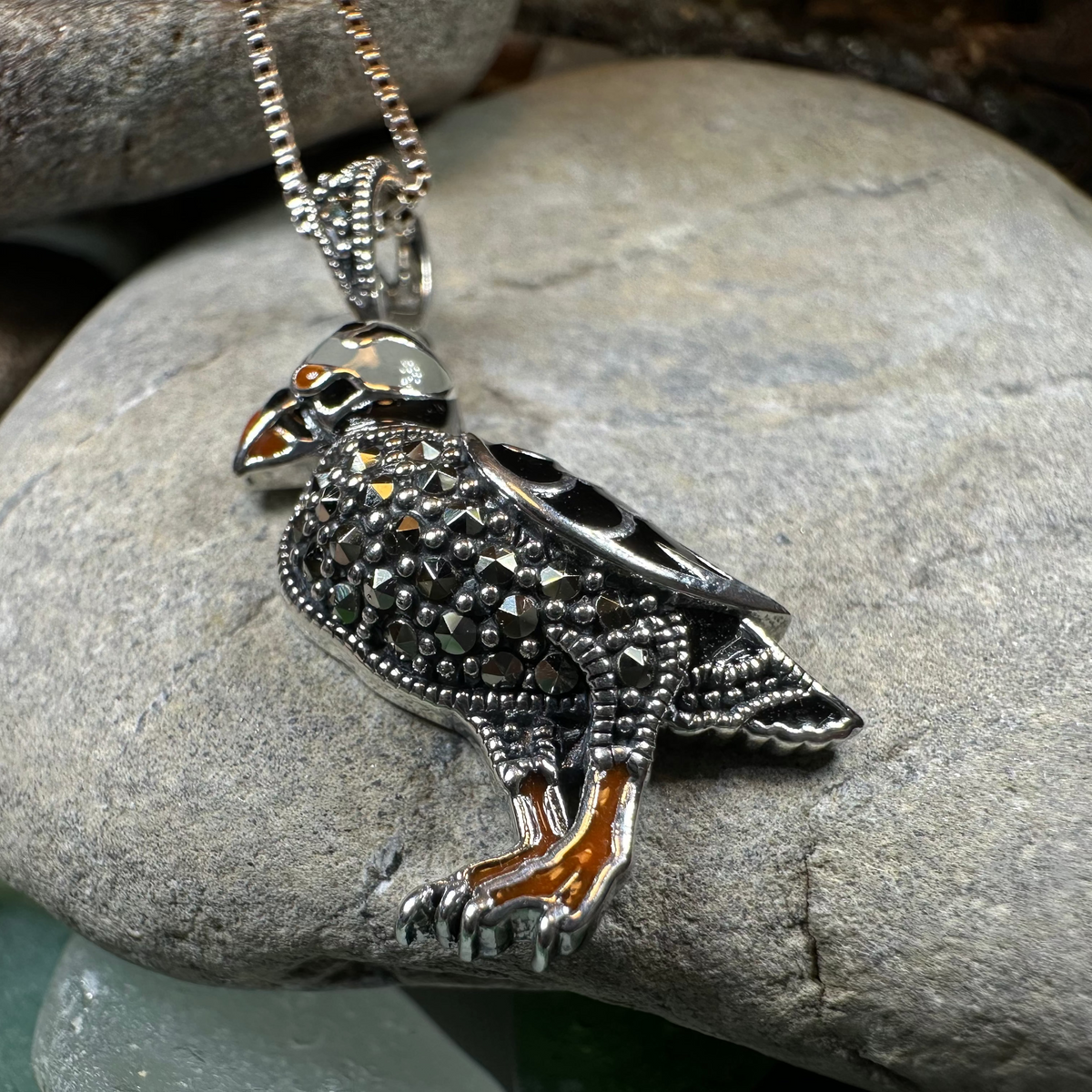 Coastal Puffin Marcasite Necklace in Sterling Silver | Pendant | Wiccan Center