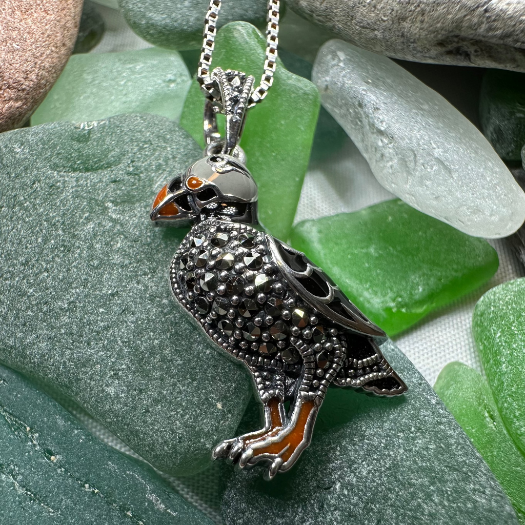 Coastal Puffin Marcasite Necklace in Sterling Silver | Pendant | Wiccan Center