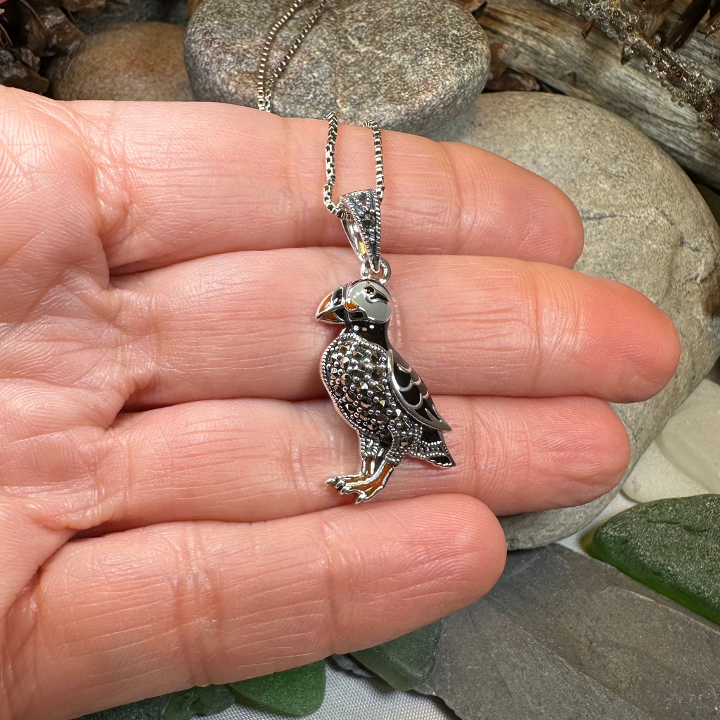 Coastal Puffin Marcasite Necklace in Sterling Silver | Pendant | Wiccan Center