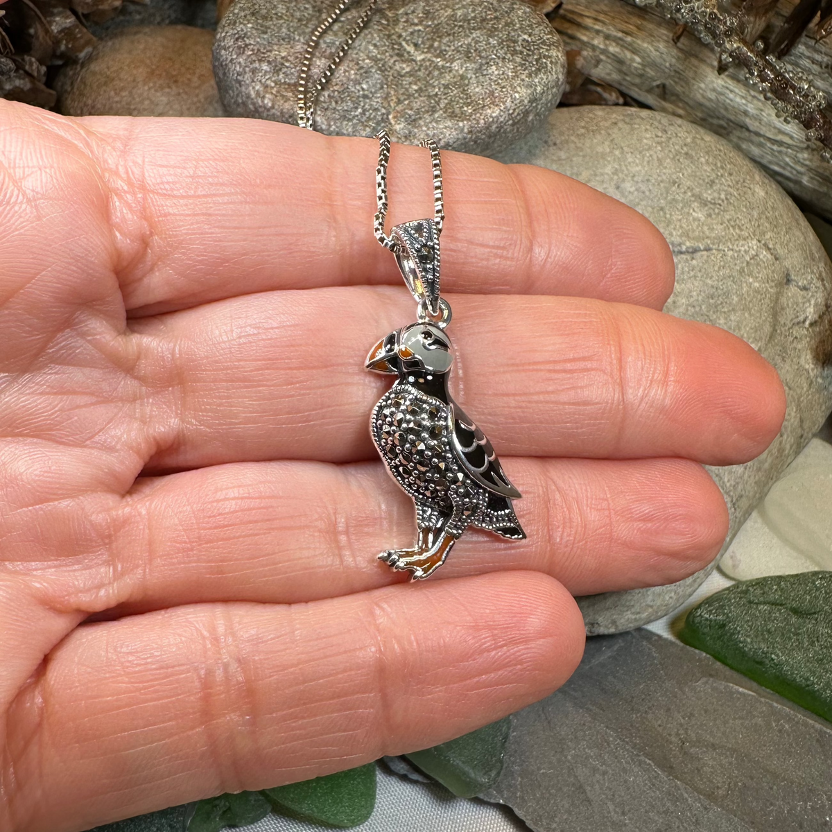 Coastal Puffin Marcasite Necklace in Sterling Silver | Pendant | Wiccan Center
