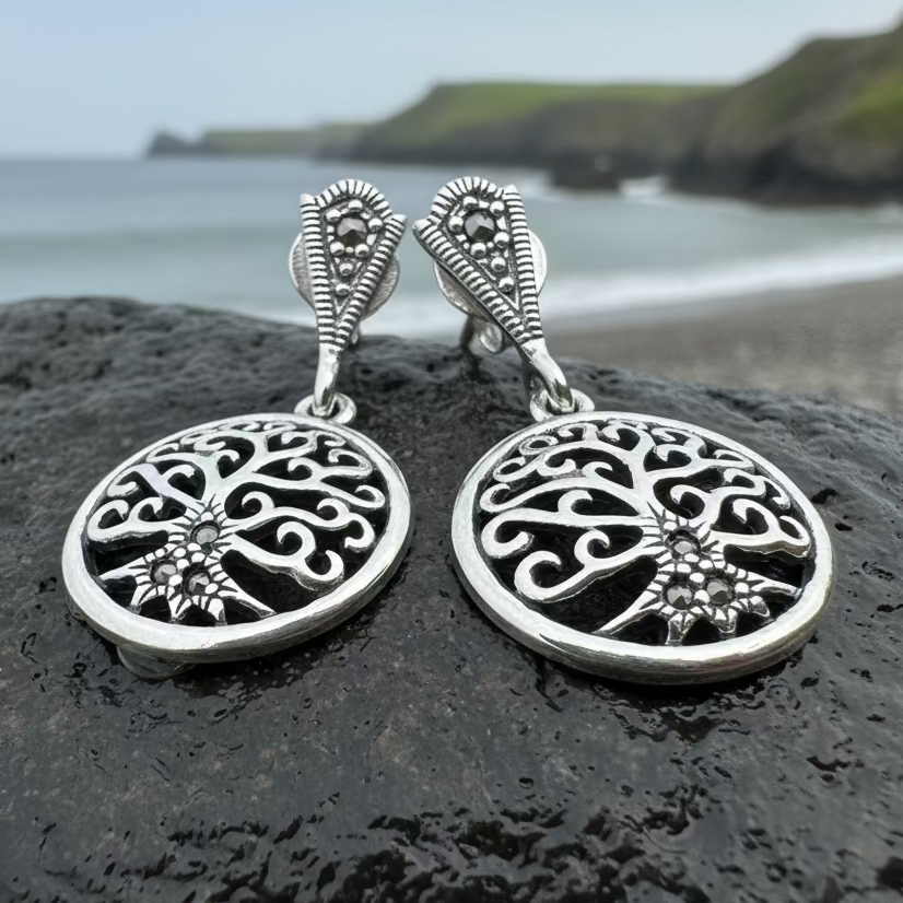Marcasite Celtic Tree of Life Earrings in Sterling Silver | Dangle Earrings | Wiccan Center