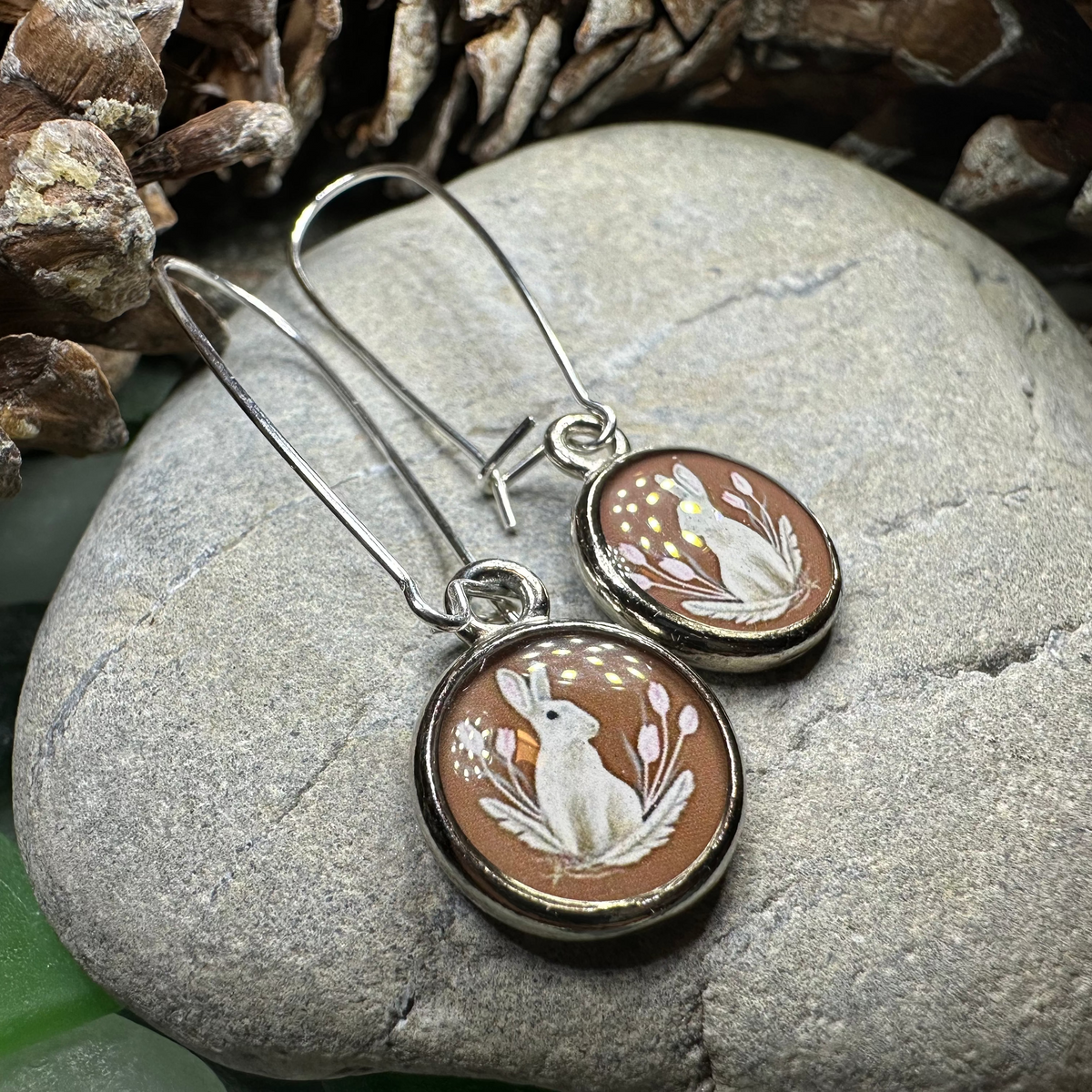 Spring Blossom Rabbit Art Earrings - Handmade in the U.S.A. | Dangle Earrings | Wiccan Center
