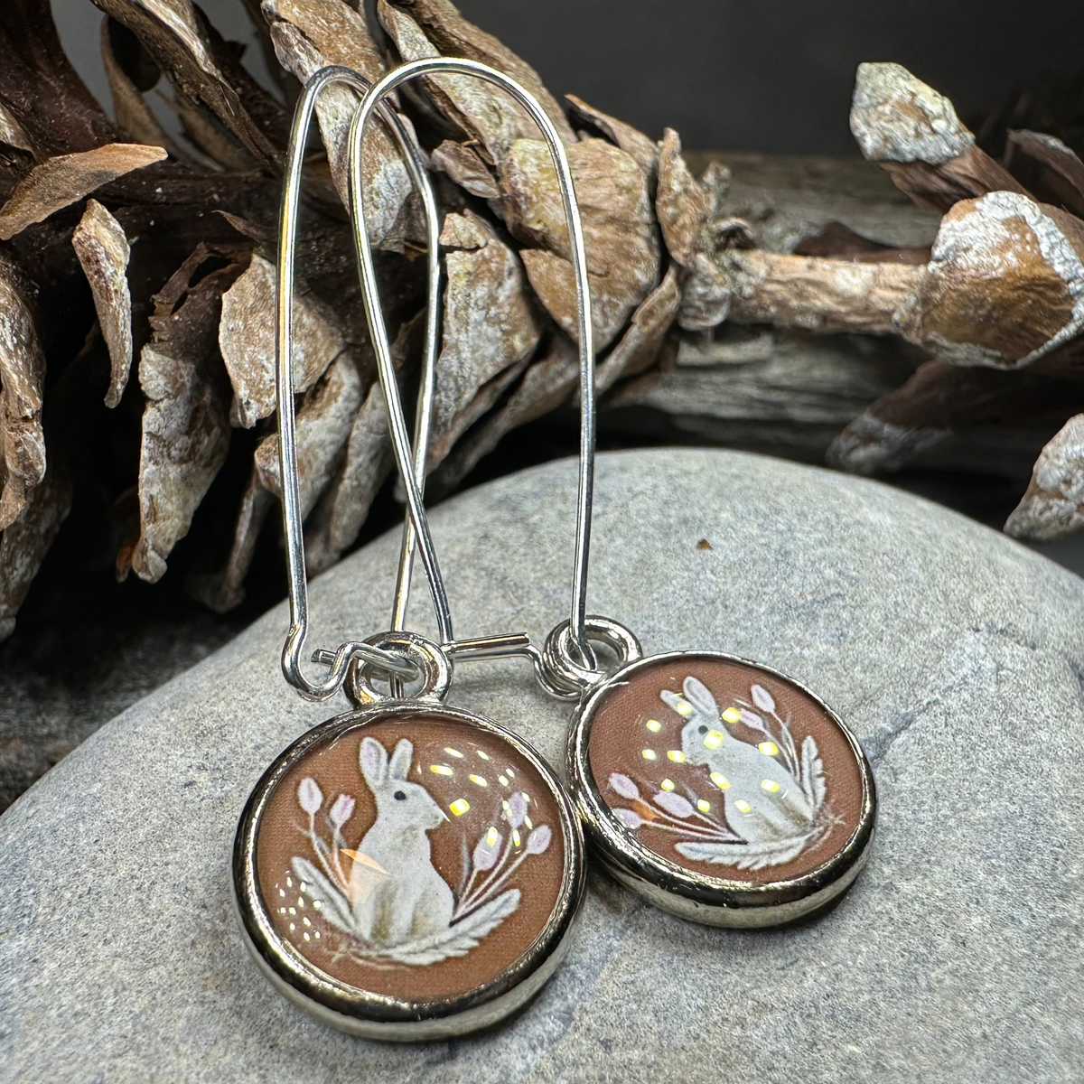 Spring Blossom Rabbit Art Earrings - Handmade in the U.S.A. | Dangle Earrings | Wiccan Center