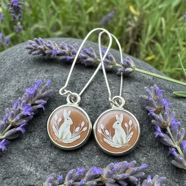 Spring Blossom Rabbit Art Earrings - Handmade in the U.S.A. | Dangle Earrings | Wiccan Center