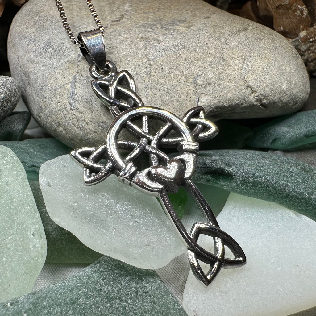 Mo Ghrá Irish Claddagh Celtic Cross in Sterling Silver | Pendant | Wiccan Center