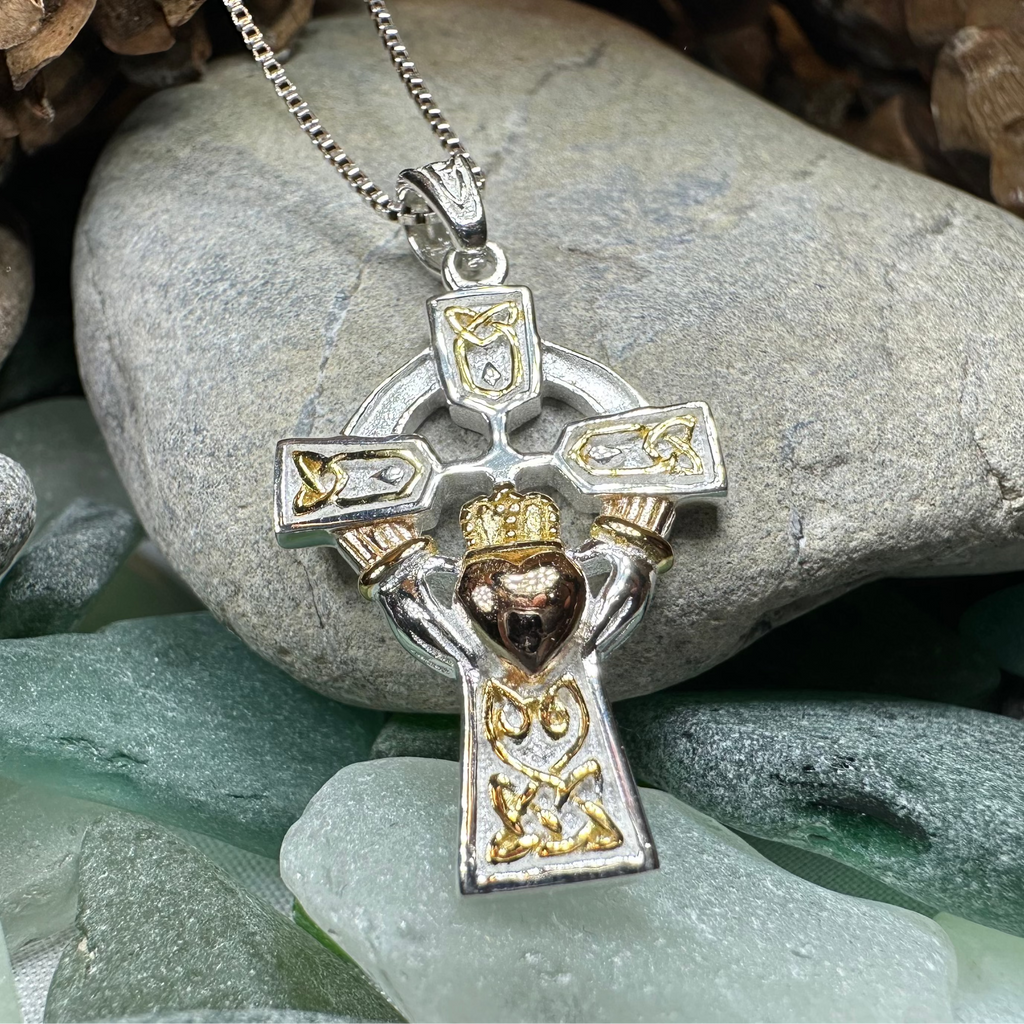 Tri-Color Irish Claddagh Cross Necklace | Pendant | Wiccan Center
