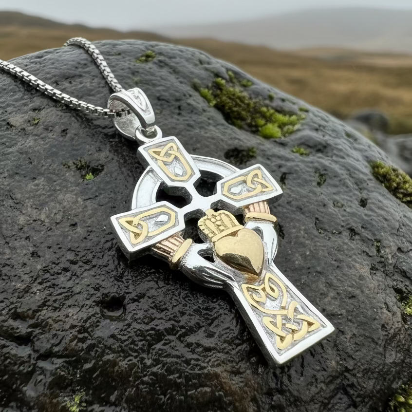 Tri-Color Irish Claddagh Cross Necklace | Pendant | Wiccan Center
