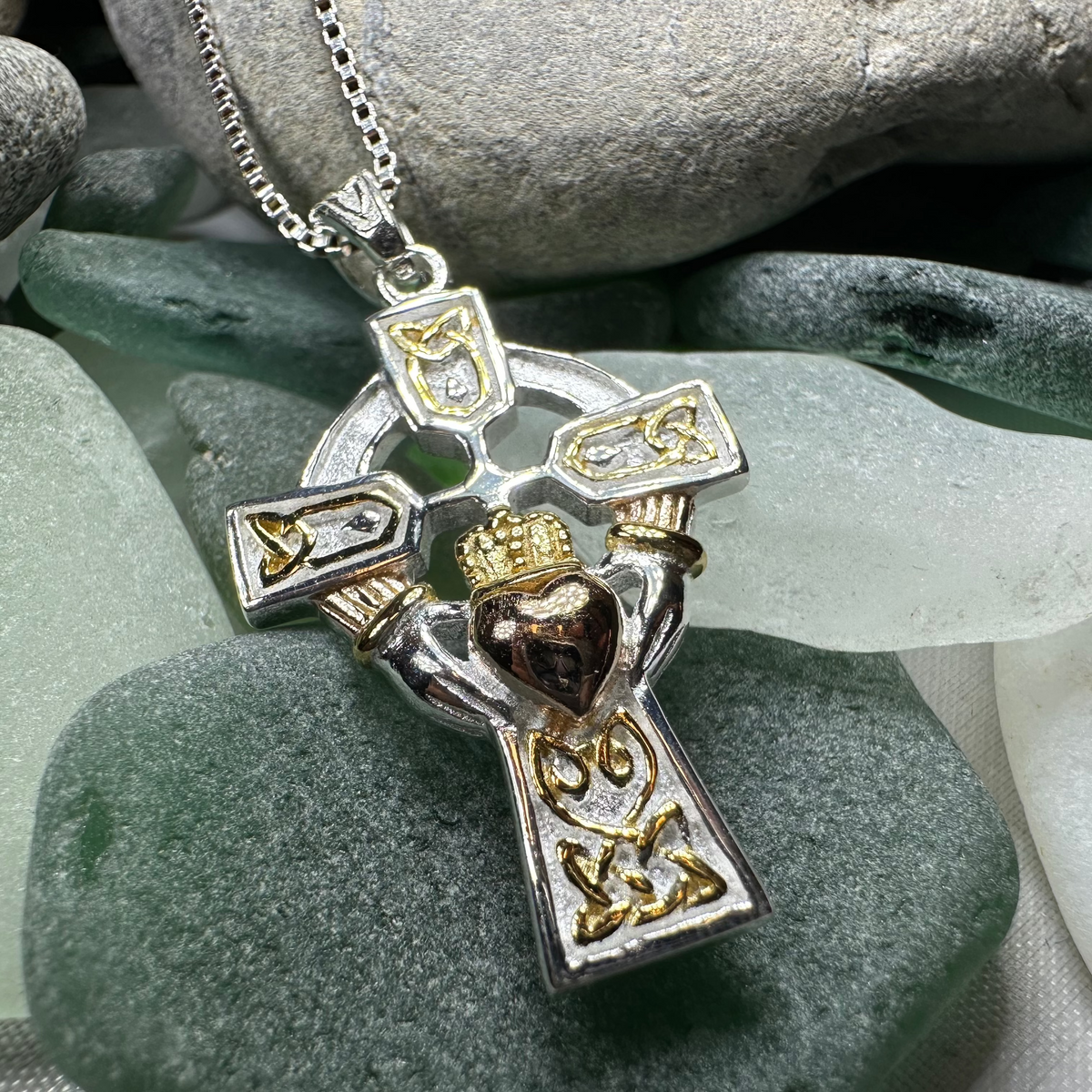 Tri-Color Irish Claddagh Cross Necklace | Pendant | Wiccan Center