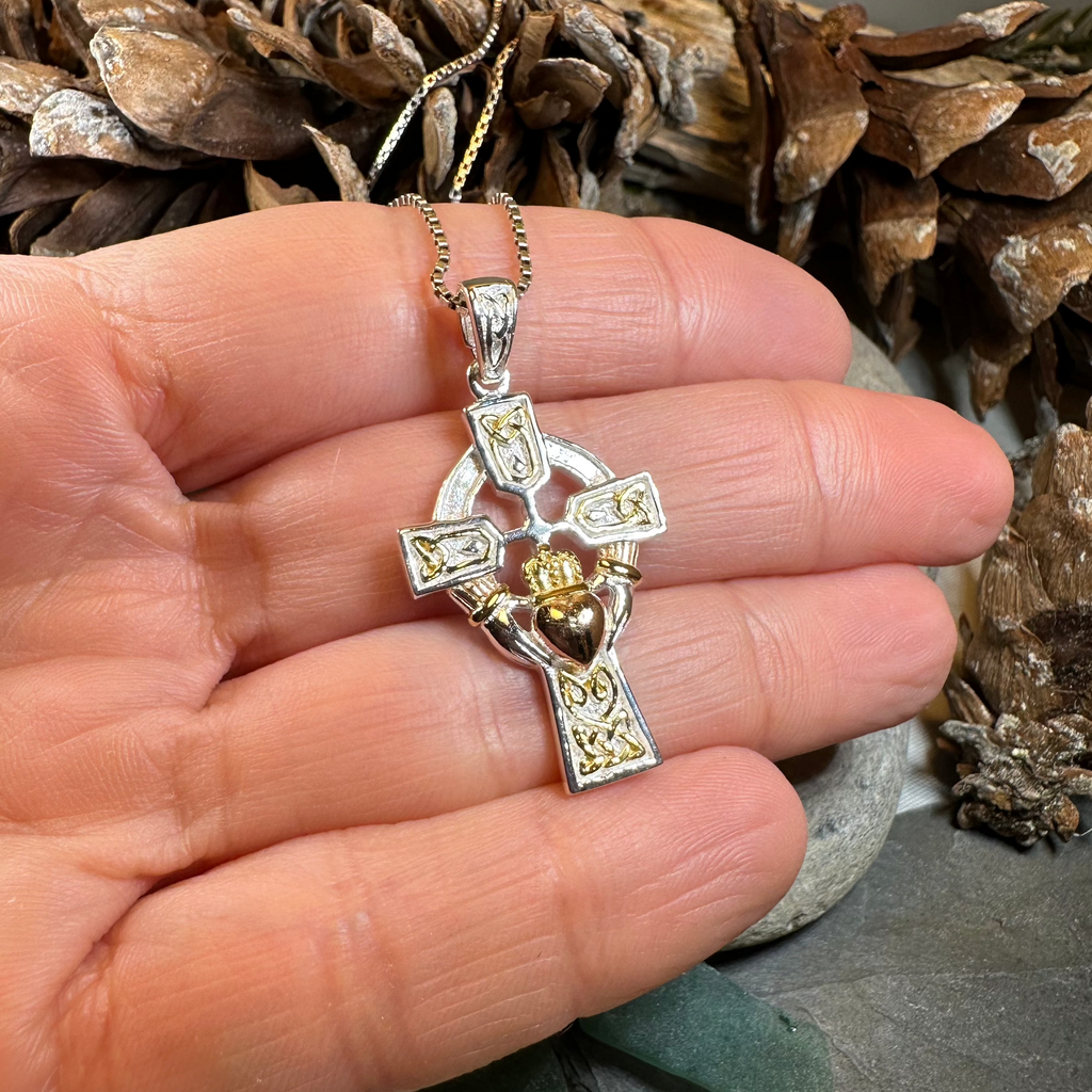 Tri-Color Irish Claddagh Cross Necklace | Pendant | Wiccan Center