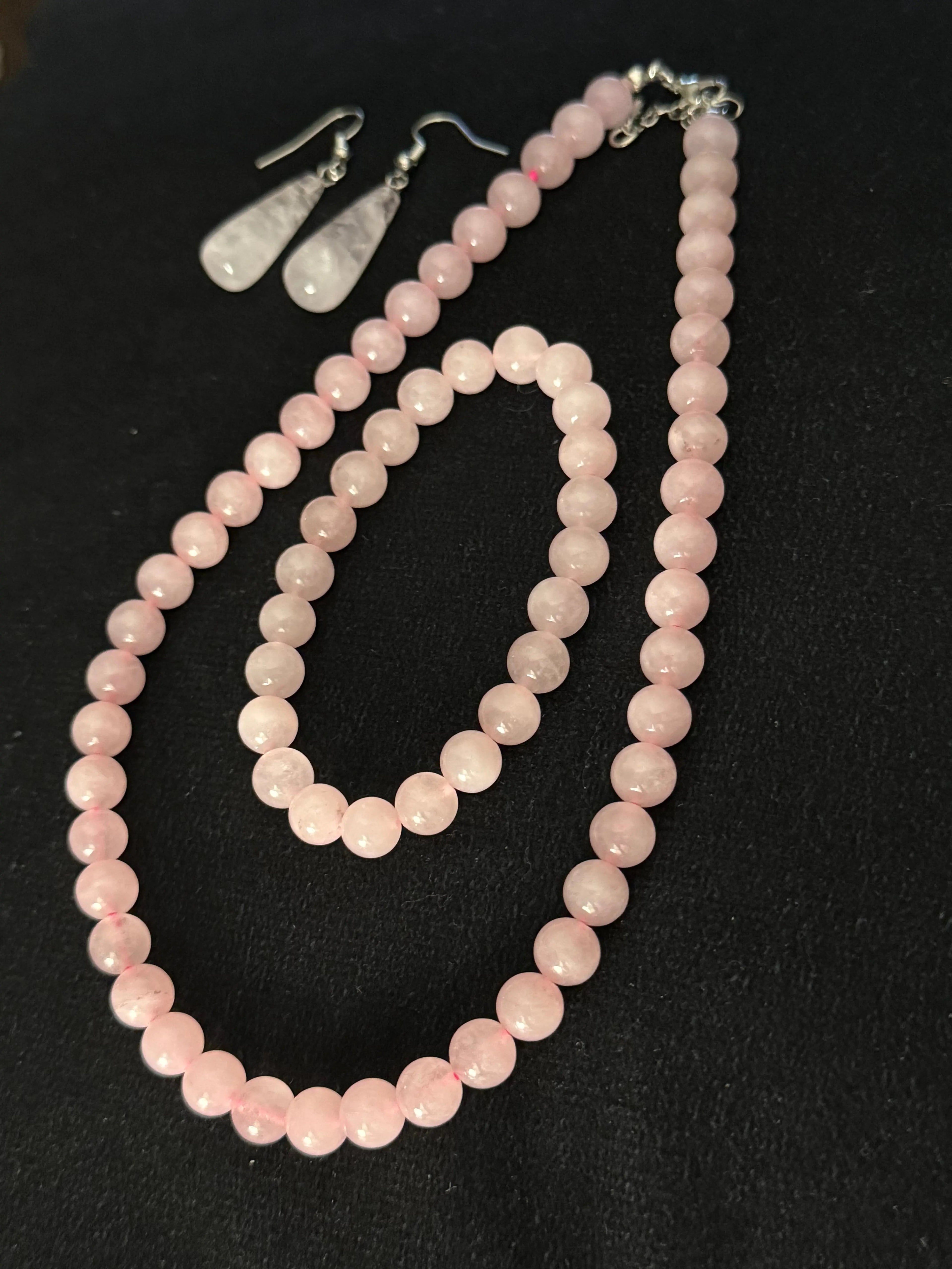 Rose Quartz Beaded Necklace, Bracelet and Earring Set