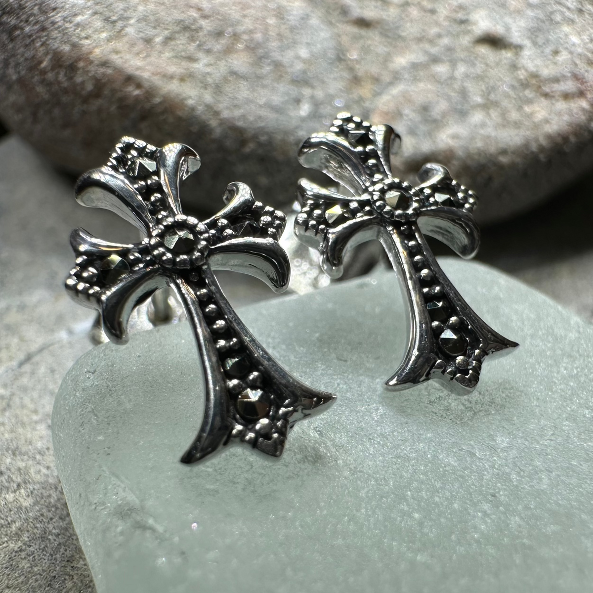 Marcasite Cross Stud Earrings | Post Earrings | Wiccan Center