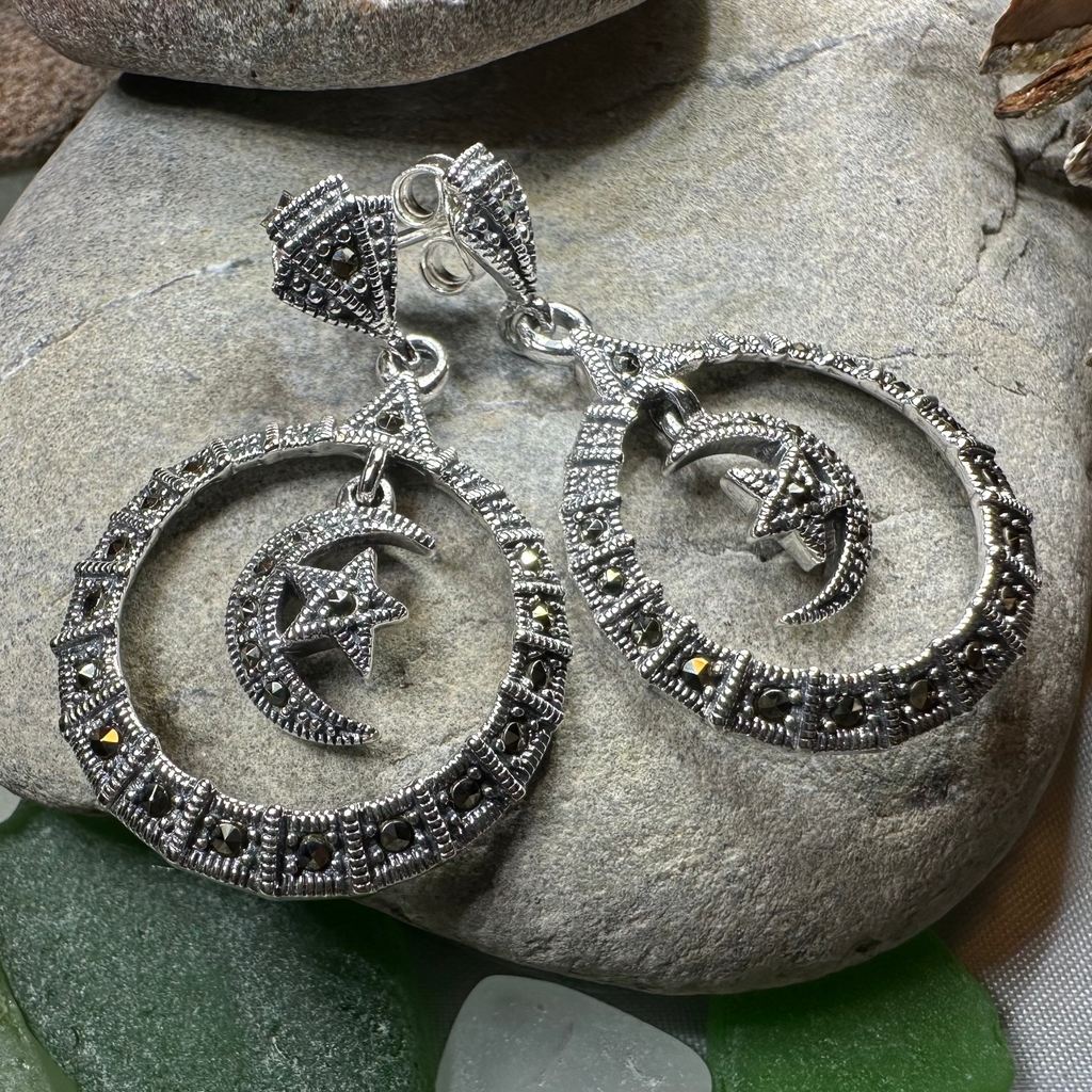 Crescent Moon Marcasite Earrings | Dangle Earrings | Wiccan Center