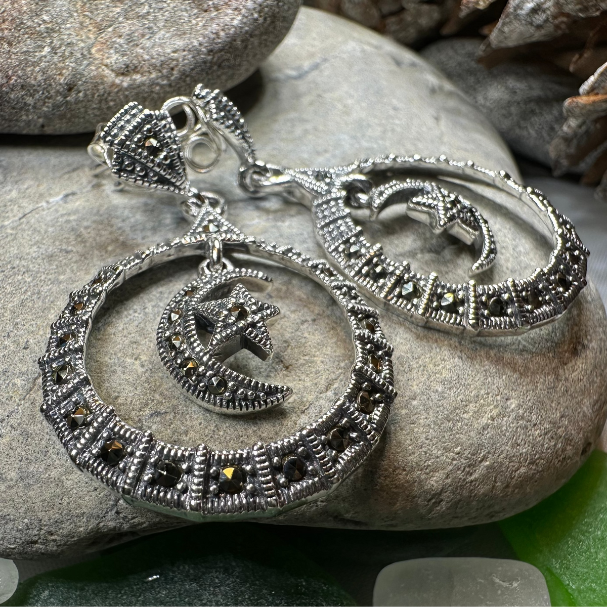 Crescent Moon Marcasite Earrings | Dangle Earrings | Wiccan Center