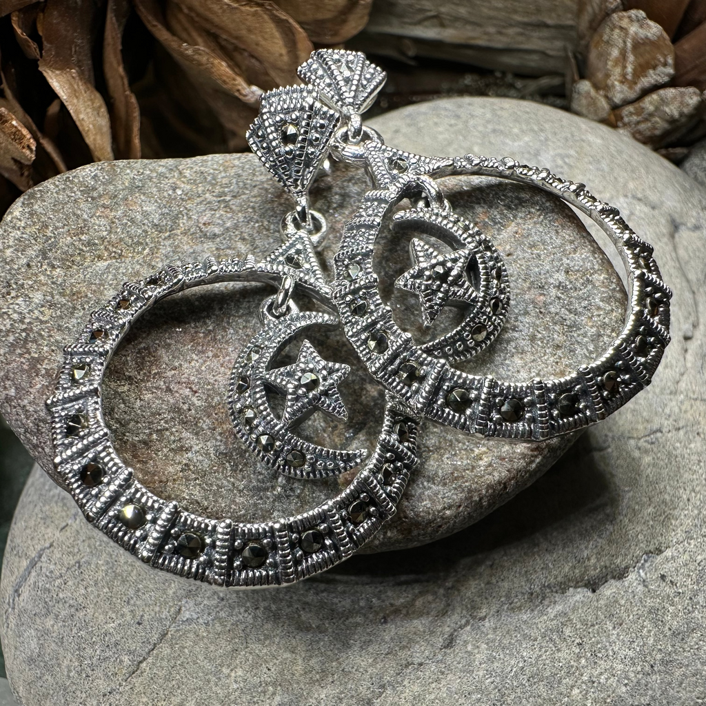 Crescent Moon Marcasite Earrings | Dangle Earrings | Wiccan Center