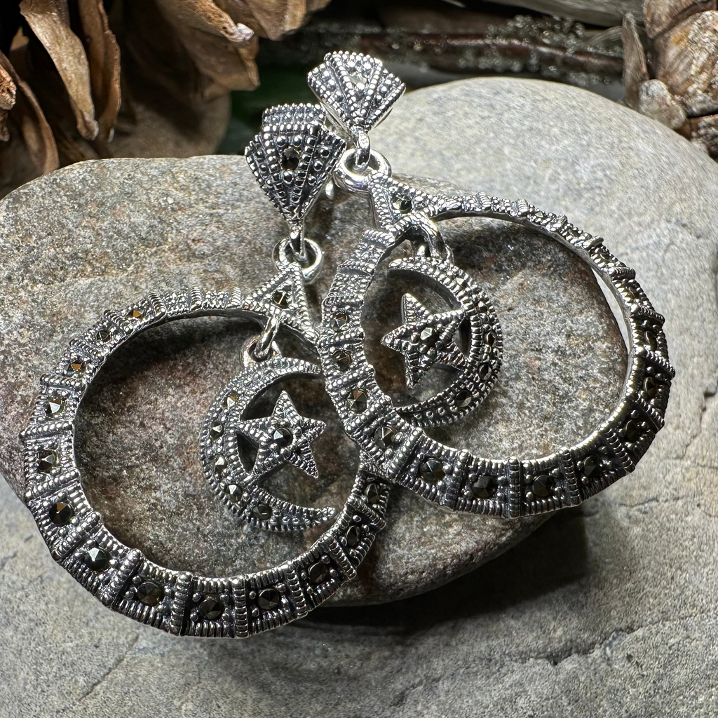 Crescent Moon Marcasite Earrings | Dangle Earrings | Wiccan Center